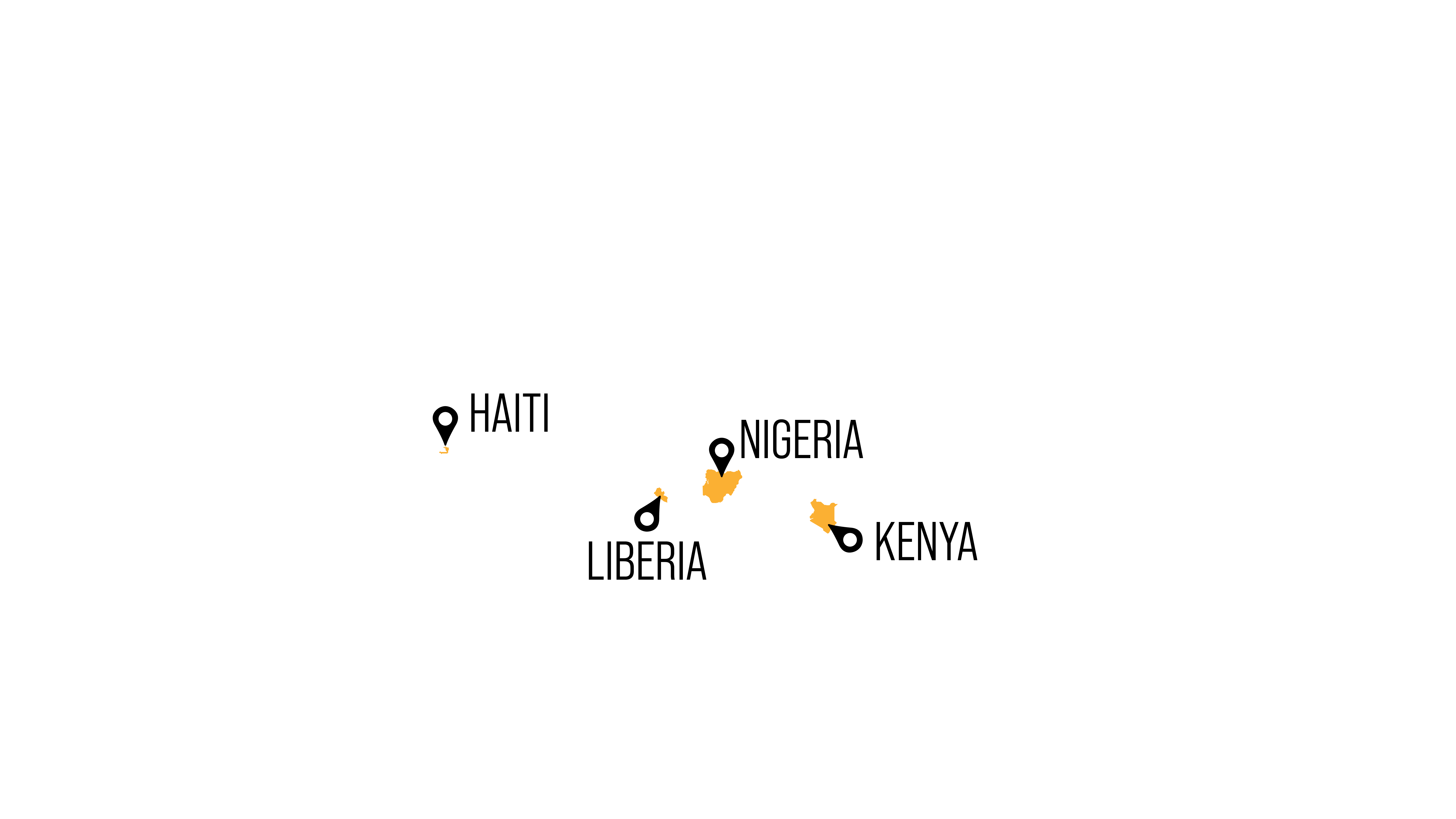 World map with Haiti, Liberia, Nigeria, and Kenya highlighted.